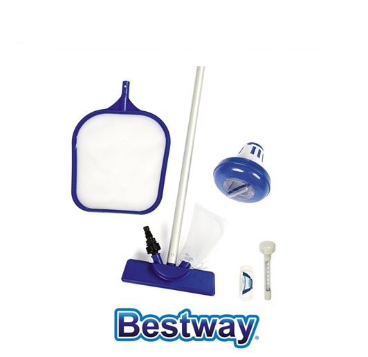 Set Accessori Piscina Include: Kit Di Manutenzione 58013 (Asta E Retino),
Dosatore Chimico 58071, Termometro 58072, Strisce Test 58142 E Toppe
Riparazione 62068 58195