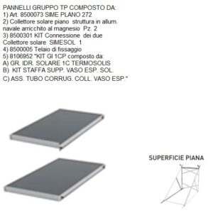 PANNELLI GRUPPO TP
COMPOSTO DA:
8500073	SIME PLANO 272 Collettore solare piano con struttura in alluminio navale arricchito al magnesio	2
8500301	KIT CONNESS N2 COLL. SIMESOL	1
8500005	Telaio di fissaggio PZ. 1
8106952	"KIT GI 1CP composto da:
- GR. IDR. SOLARE 1C TERMOSOLIS
- KIT STAFFA SUPP. VASO ESP. SOL.
- ASS. TUBO CORRUG. COLL. VASO ESP." 1  8500073TP