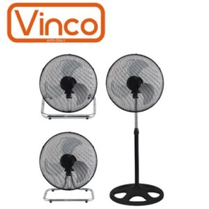 Ventilatore 3 in 1 Vinco Piantana Tavolo Parete: piantana Vinco altezza regolabile fino a cm. 160 – 90W – diametro pale cm. 45 – 3 velocità – oscillazione – parte superiore con supporto per appoggio da tavolo o installazione fissa a parete – colore nero – base tonda  70718