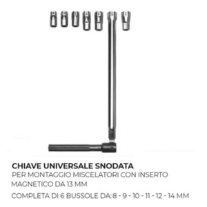 Chiave Universale Snodata
Per Montaggio Miscelatori Con Inserto
Magnetico Da 13 Mm Completa Di 6
Bussole: 8-9-10-11-12-14 Mm  DCUR001