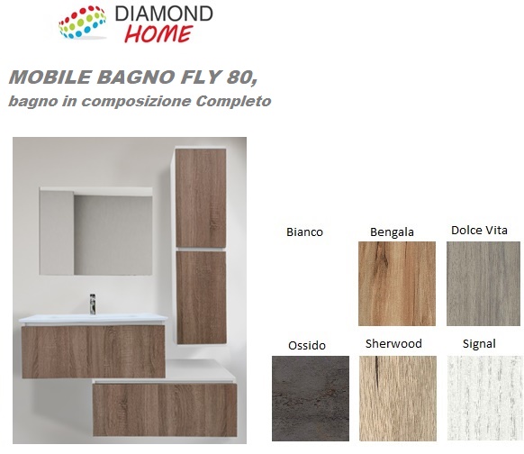 Mobile Bagno FLY 2 Cassetti Specchio Sena Luce Lavabo Ceramica Colonna 2 Ante chiusura soft. 80x45x50 Bianco Titanio