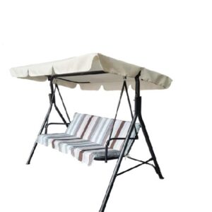 Dondolo 3 Posti "Many" Cm. 170X110X153H Telaio In Acciaio Marrone Diam. Mm. 38 Cuscini Poliestere 140 Gr./Mq. Strisce Bianco Grigio Tetto 140 Gr/Mq Tessuto Poliestere Verde Chiaro  JN-026