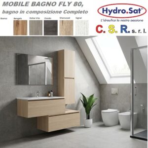 Mobile Bagno FLY 2 Cassetti Specchio Sena Luce Lavabo Ceramica Colonna 2 Ante chiusura soft. 80x45x50 Bianco Titanio-Dolce Vita